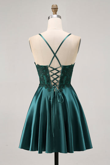 Dark Green A Line Appliqued Short Homecoming Dress with Beading